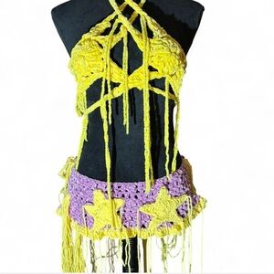 Yellow and Purple Crochet Halter Top and Skirt Set